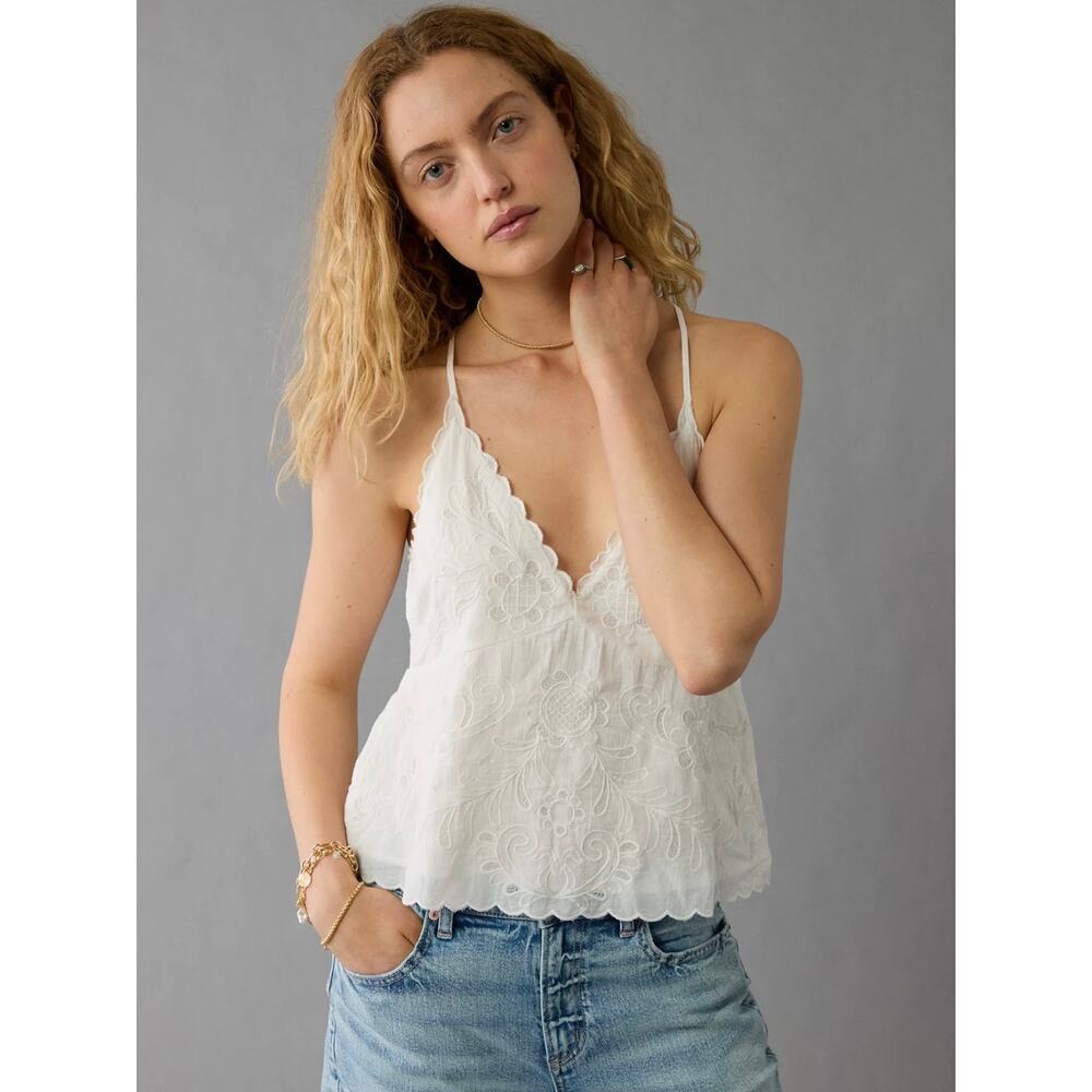 American Eagle White Coquette Embroidered Lace Halter Top